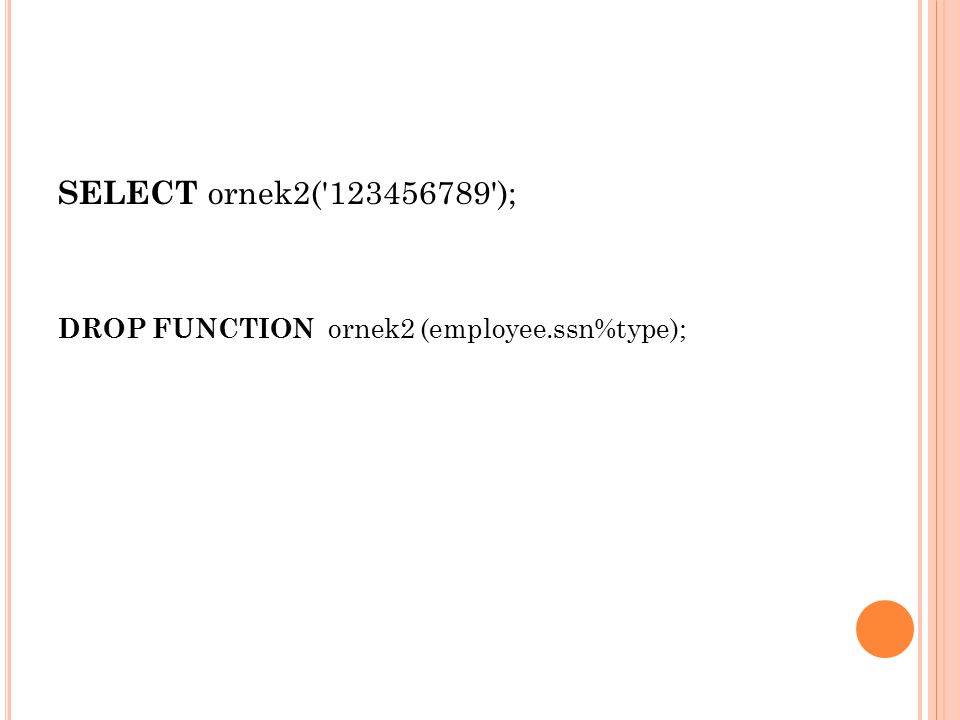 SELECT ornek2( ); DROP FUNCTION ornek2 (employee.ssn%type);