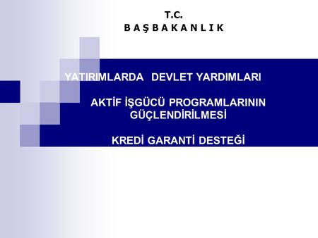 YATIRIMLARDA DEVLET YARDIMLARI AKTİF İŞGÜCÜ PROGRAMLARININ GÜÇLENDİRİLMESİ KREDİ GARANTİ DESTEĞİ T.C. B A Ş B A K A N L I K.