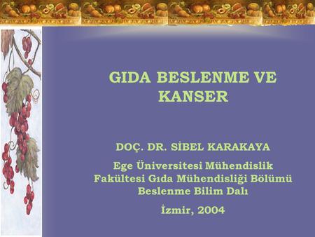 GIDA BESLENME VE KANSER DOÇ. DR. SİBEL KARAKAYA Ege Üniversitesi Mühendislik Fakültesi Gıda Mühendisliği Bölümü Beslenme Bilim Dalı İzmir, 2004.