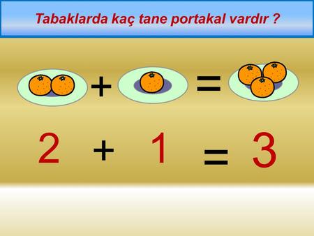 + = Tabaklarda kaç tane portakal vardır ? 2 + 1 = 3.