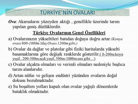 Türkiye Ovalarının Genel Özellikleri