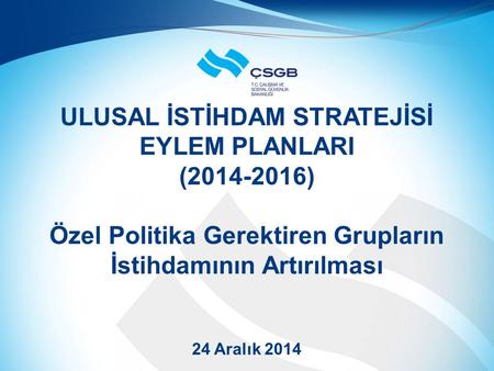 ULUSAL İSTİHDAM STRATEJİSİ EYLEM PLANLARI (2014-2016) Özel Politika Gerektiren Grupların İstihdamının Artırılması 24 Aralık 2014.