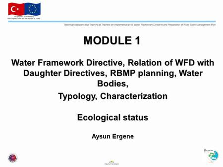 MODULE 1 Water Framework Directive, Relation of WFD with Daughter Directives, RBMP planning, Water Bodies, Typology, Characterization Ecological status.