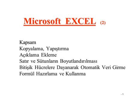 Microsoft EXCEL (2) Kapsam Kopyalama, Yapıştırma Açıklama Ekleme Satır ve Sütunların Boyutlandırılması Bitişik Hücrelere Dayanarak Otomatik Veri Girme.