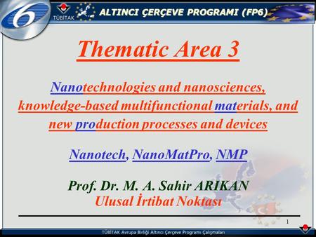 ALTINCI ÇERÇEVE PROGRAMI (FP6) 1 Thematic Area 3 Nanotechnologies and nanosciences, knowledge-based multifunctional materials, and new production processes.