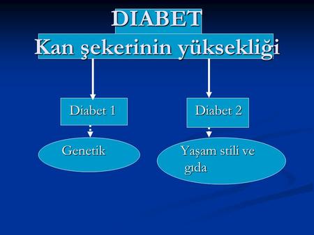 DIABET Kan şekerinin yüksekliği Diabet 1Diabet 2 Genetik Yaşam stili ve gıda Genetik Yaşam stili ve gıda.