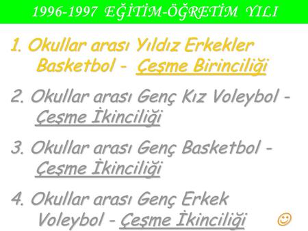 1996-1997 EĞİTİM-ÖĞRETİM YILI 1. Okullar arası Yıldız Erkekler Basketbol - Çeşme Birinciliği 2. Okullar arası Genç Kız Voleybol - Çeşme İkinciliği 3.