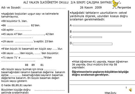 ALİ YALKIN İLKÖĞRETİM OKULU 2/A SINIFI ÇALIŞMA SAYFASI