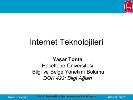 2005.03.01 - SLAYT 1DOK 422 – Bahar 2005 Internet Teknolojileri Yaşar Tonta Hacettepe Üniversitesi Bilgi ve Belge Yönetimi Bölümü DOK 422: Bilgi Ağları.