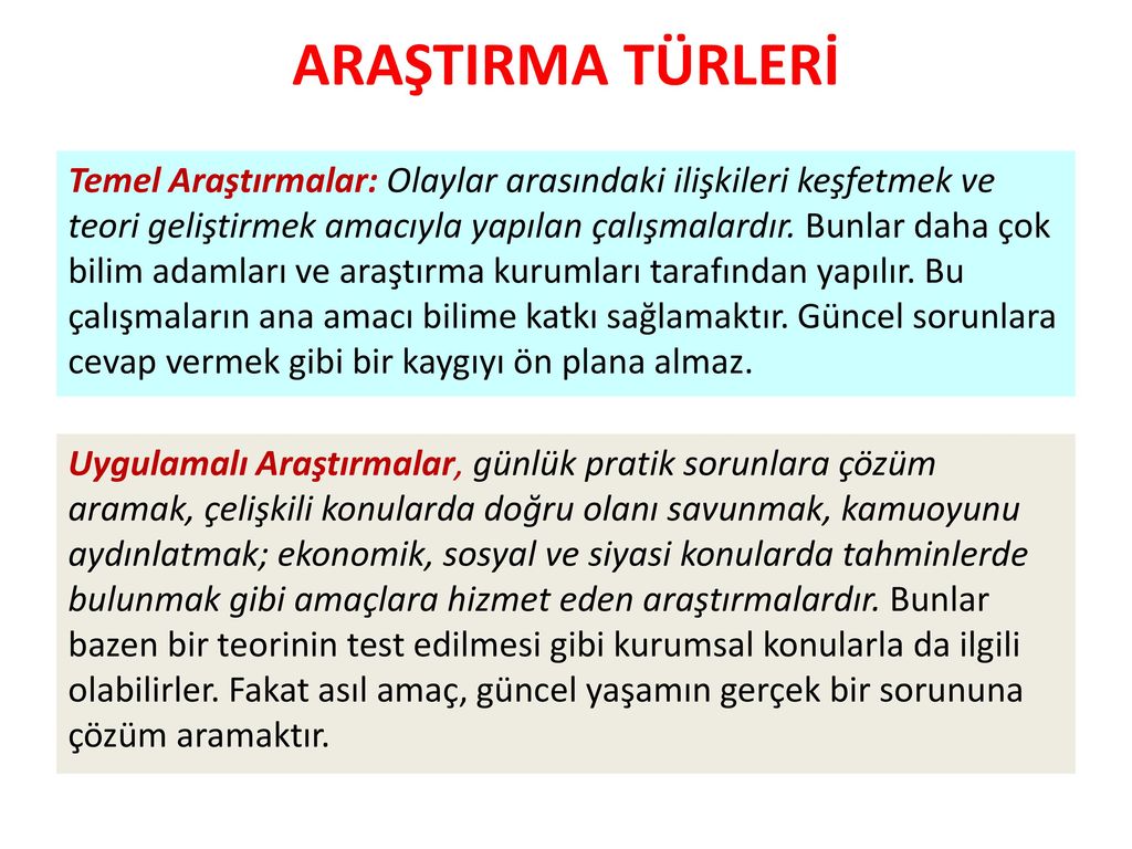 Arastirma Turleri Temel Arastirmalar Olaylar Arasindaki Iliskileri Kesfetmek Ve Teori Gelistirmek Amaciyla Yapilan Calismalardir Bunlar Daha Cok Bilim Ppt Indir