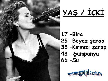                                                                          YAŞ / İÇKİ 17 –Bira 25 –Beyaz şarap 35 –Kırmızı şarap 48 -Şampanya 66 –Su www.gruplar.info.