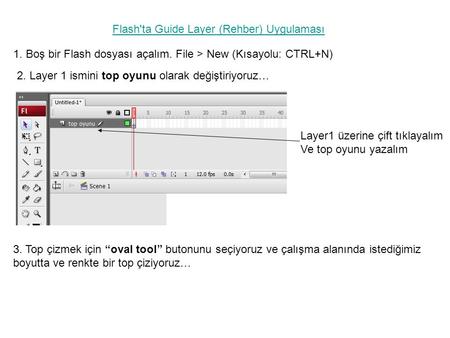 1. Boş bir Flash dosyası açalım. File > New (Kısayolu: CTRL+N) Flash'ta Guide Layer (Rehber) Uygulaması 2. Layer 1 ismini top oyunu olarak değiştiriyoruz…