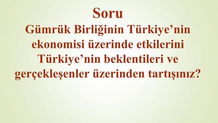 Soru Gümrük Birliğinin Türkiye’nin ekonomisi üzerinde etkilerini Türkiye’nin beklentileri ve gerçekleşenler üzerinden tartışınız?