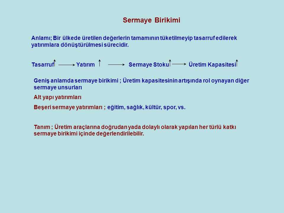 Sermaye Birikimi Anlami Bir Ulkede Uretilen Degerlerin Tamaminin Tuketilmeyip Tasarruf Edilerek Yatirimlara Donusturulmesi Surecidir Tasarruf Ppt Indir