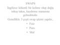 SWAPS İngilizce kökenli bir kelime olup değiş tokuş takas, kaydırma manasına gelmektedir. Genellikle 3 çeşit swap işlemi yapılır., Faiz Para Mal.