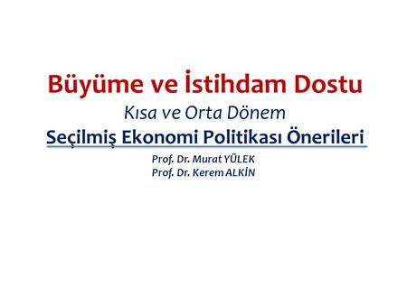 Büyüme ve İstihdam Dostu Kısa ve Orta Dönem Seçilmiş Ekonomi Politikası Önerileri Prof. Dr. Murat YÜLEK Prof. Dr. Kerem ALKİN.