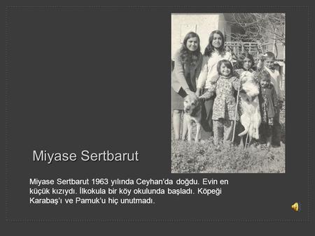 Miyase Sertbarut Miyase Sertbarut 1963 yılında Ceyhan’da doğdu. Evin en küçük kızıydı. İlkokula bir köy okulunda başladı. Köpeği Karabaş’ı ve Pamuk’u hiç.