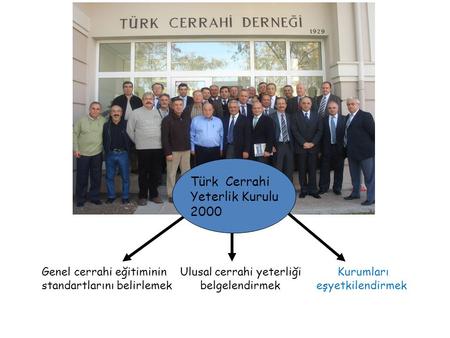 Türk Cerrahi Yeterlik Kurulu 2000 Genel cerrahi eğitiminin Ulusal cerrahi yeterliği Kurumları standartlarını belirlemek belgelendirmek eşyetkilendirmek.