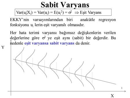 Sabit Varyans Var(ui|Xi) = Var(ui) = E(ui2) = s2  Eşit Varyans