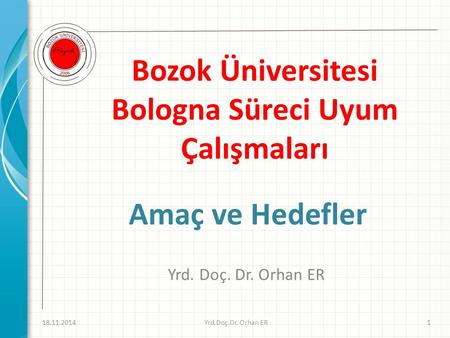 Bozok Üniversitesi Bologna Süreci Uyum Çalışmaları Yrd. Doç. Dr. Orhan ER Amaç ve Hedefler 18.11.20141Yrd.Doç.Dr. Orhan ER.