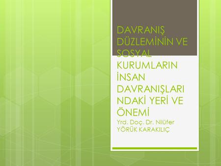 DAVRANIŞ DÜZLEMİNİN VE SOSYAL KURUMLARIN İNSAN DAVRANIŞLARINDAKİ YERİ VE ÖNEMİ Yrd. Doç. Dr. Nilüfer YÖRÜK KARAKILIÇ.