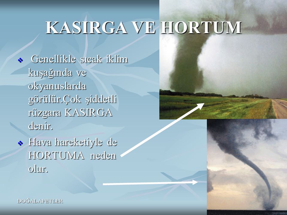 KASIRGA VE HORTUM Genellikle sıcak iklim kuşağında ve okyanuslarda görülür.Çok şiddetli rüzgara KASIRGA denir.