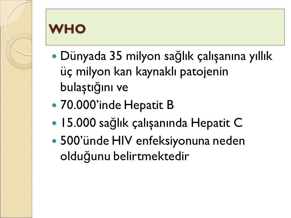 WHO Dünyada 35 milyon sağlık çalışanına yıllık üç milyon kan kaynaklı patojenin bulaştığını ve ’inde Hepatit B.