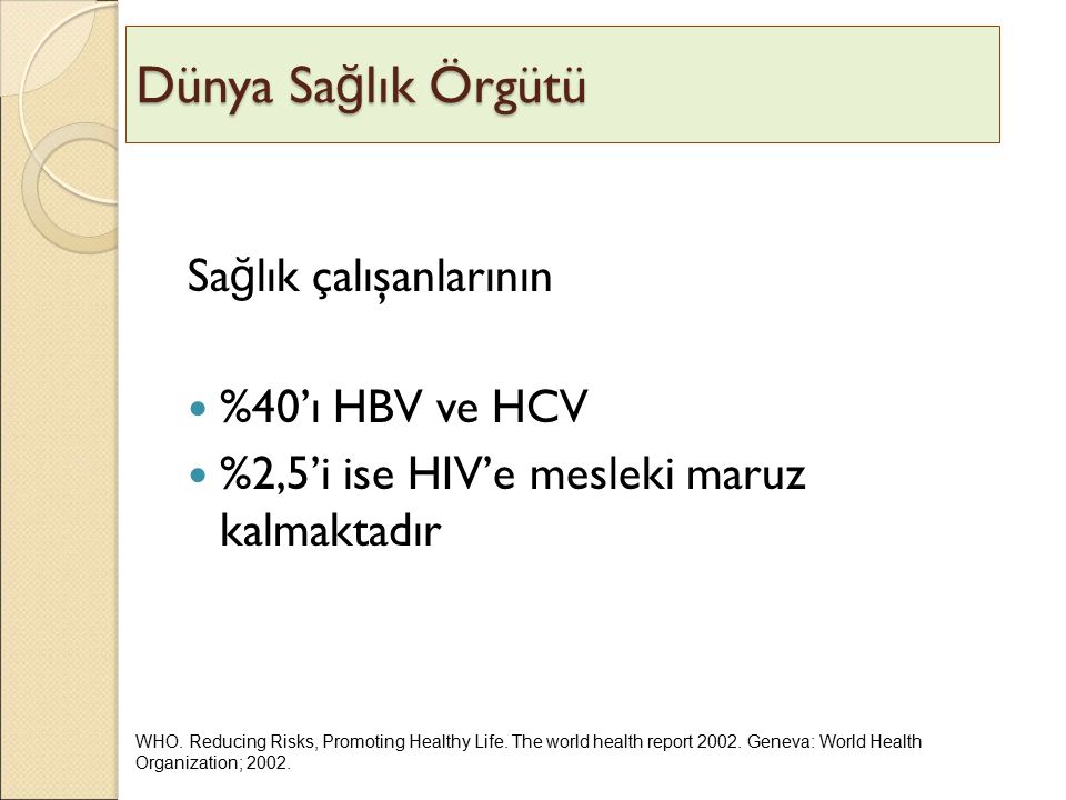 Dünya Sağlık Örgütü Sağlık çalışanlarının %40’ı HBV ve HCV