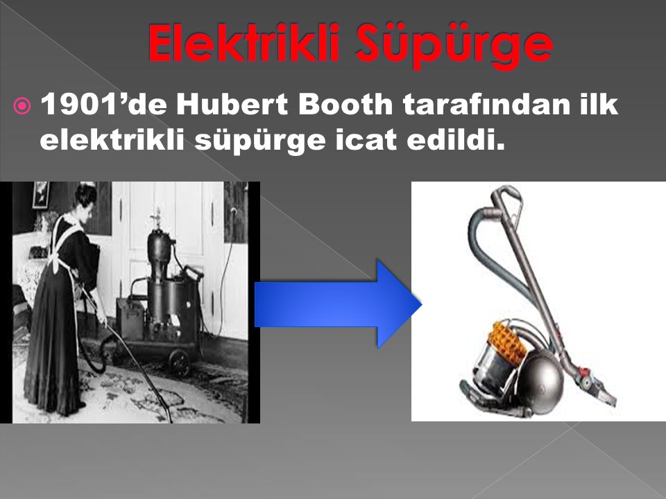Elektrikli Süpürge 1901’de Hubert Booth tarafından ilk elektrikli süpürge icat edildi.