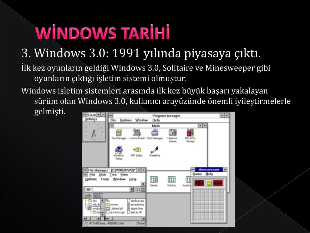 WİNDOWS TARİHİ 3. Windows 3.0: 1991 yılında piyasaya çıktı.