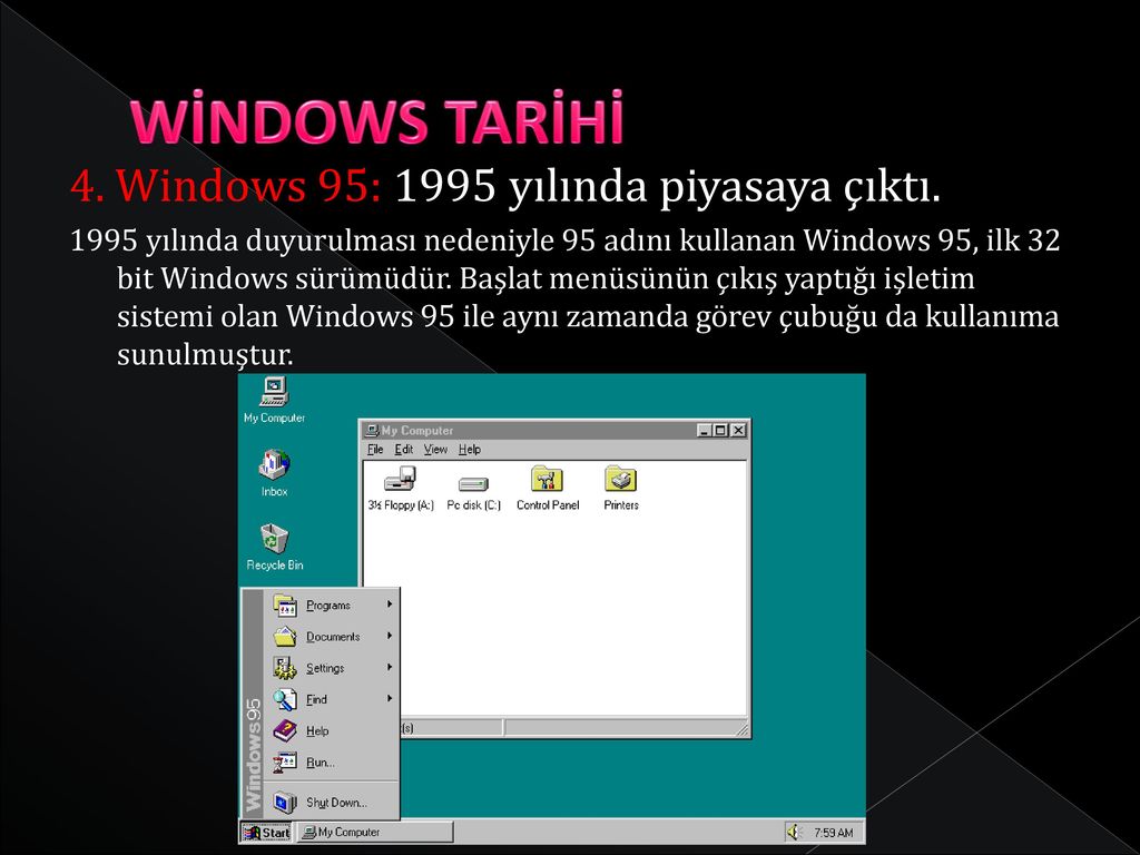 WİNDOWS TARİHİ 4. Windows 95: 1995 yılında piyasaya çıktı.