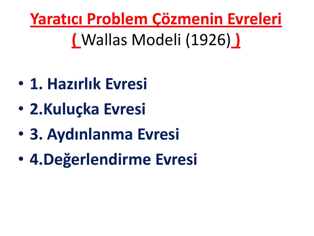 Yaratıcı Problem Çözmenin Evreleri ( Wallas Modeli (1926) )