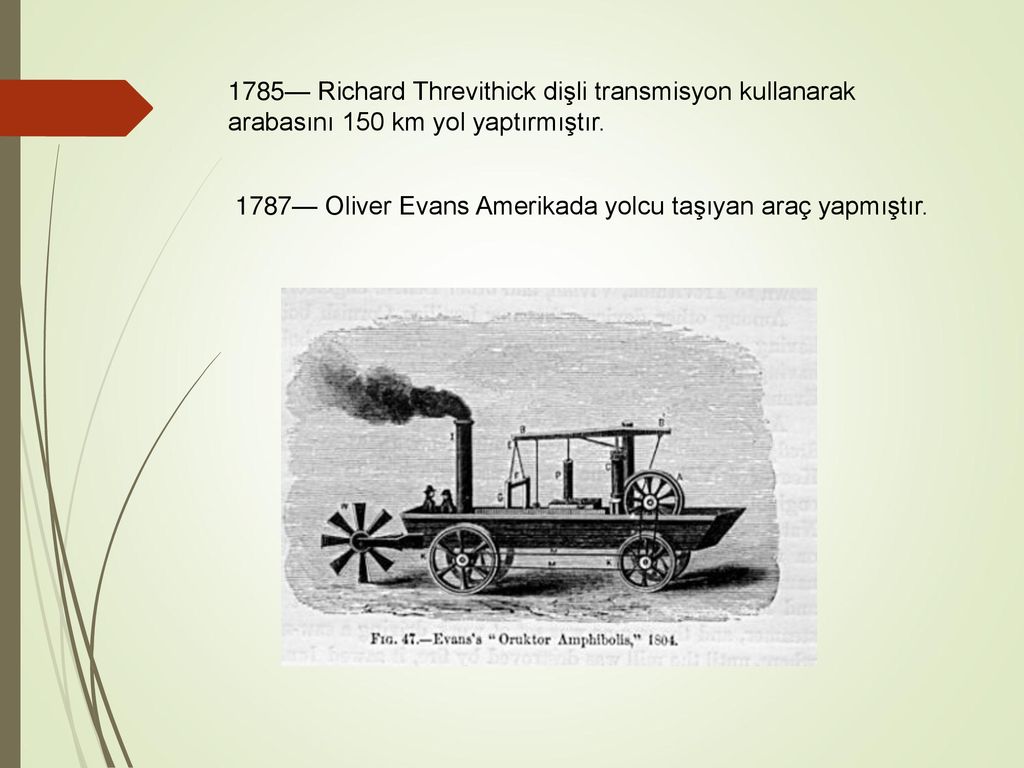 1785— Richard Threvithick dişli transmisyon kullanarak arabasını 150 km yol yaptırmıştır.