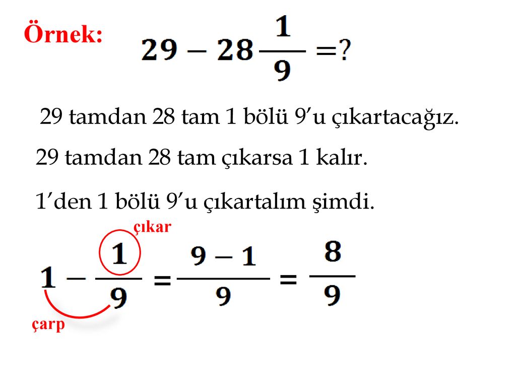 = = Örnek: 29 tamdan 28 tam 1 bölü 9’u çıkartacağız.