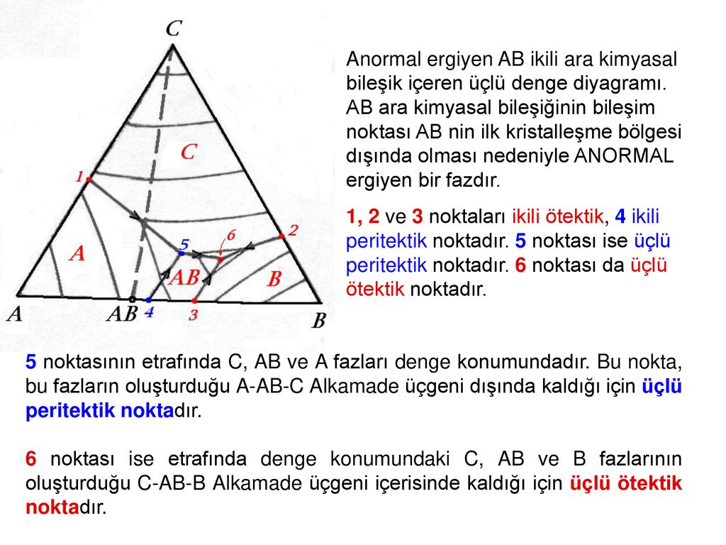 Anormal ergiyen AB ikili ara kimyasal bileşik içeren üçlü denge diyagramı. AB ara kimyasal bileşiğinin bileşim noktası AB nin ilk kristalleşme bölgesi dışında olması nedeniyle ANORMAL ergiyen bir fazdır.