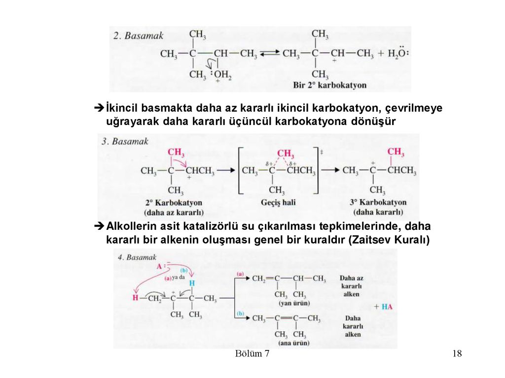 İkincil basmakta daha az kararlı ikincil karbokatyon, çevrilmeye uğrayarak daha kararlı üçüncül karbokatyona dönüşür