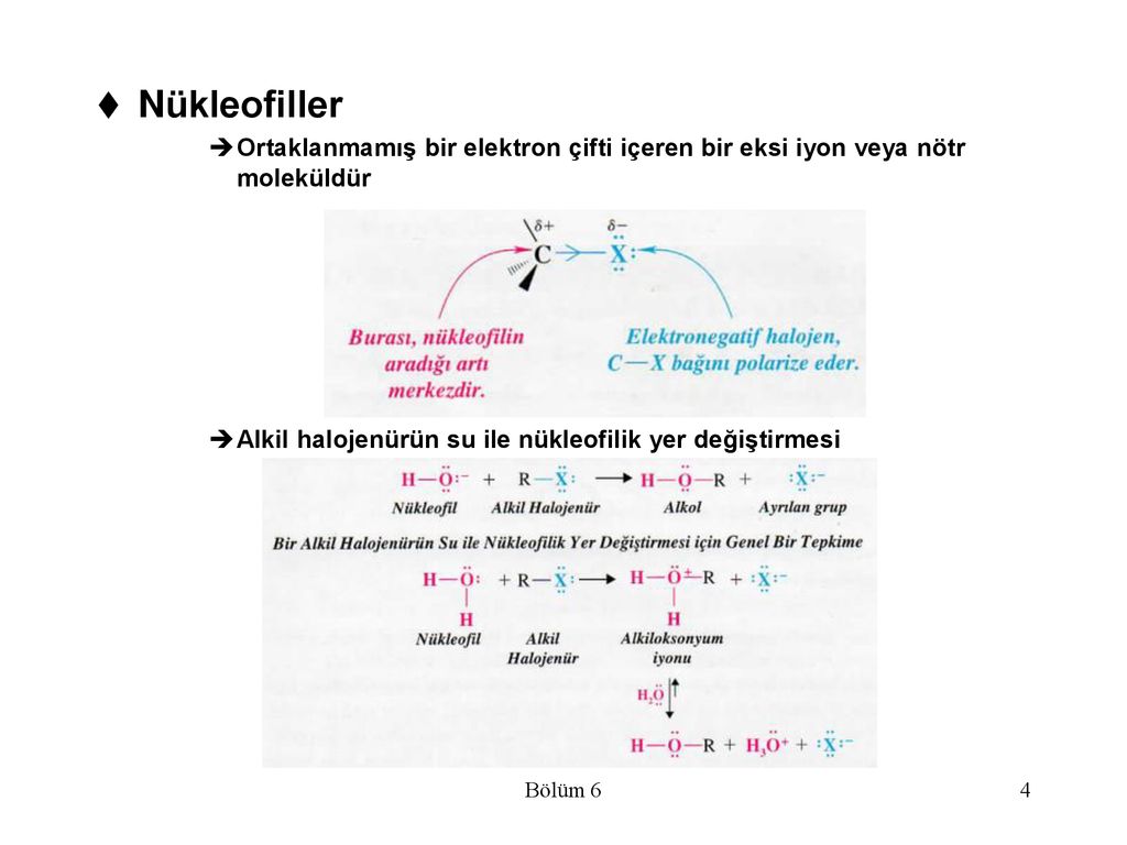 Nükleofiller Ortaklanmamış bir elektron çifti içeren bir eksi iyon veya nötr moleküldür. Alkil halojenürün su ile nükleofilik yer değiştirmesi.
