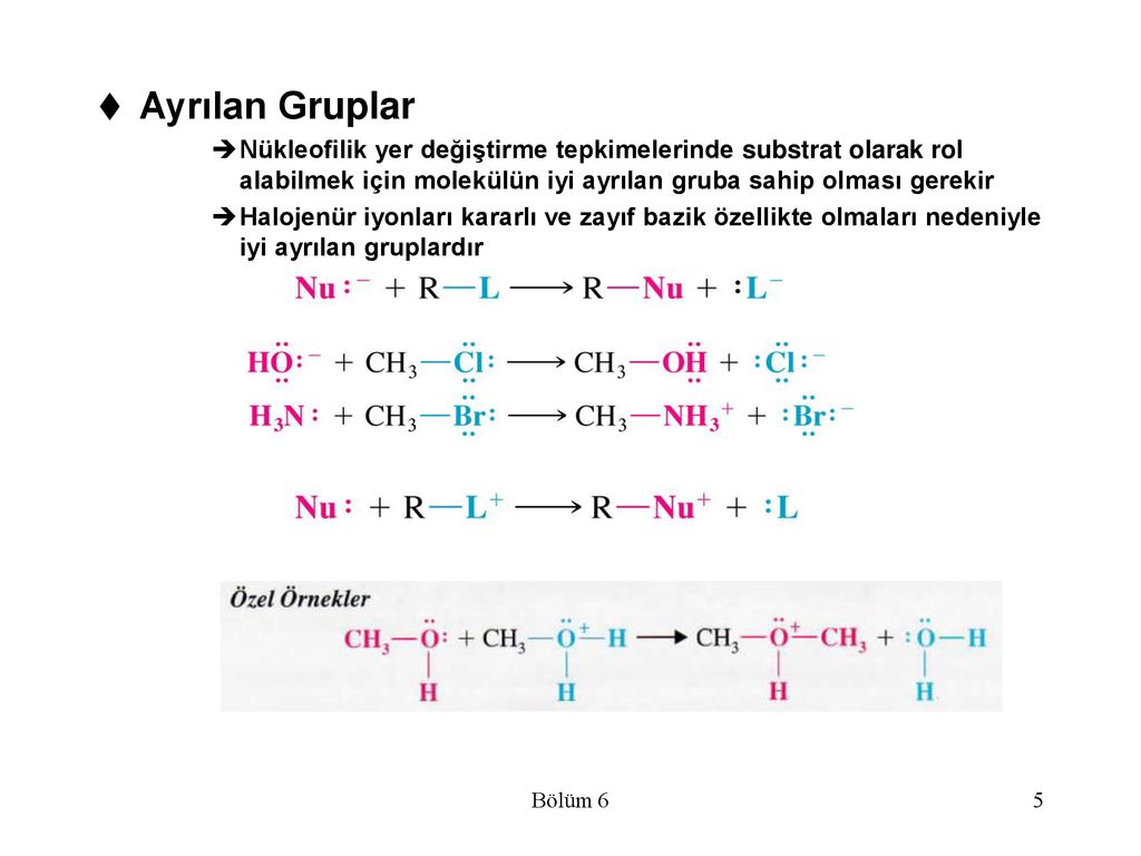 Ayrılan Gruplar Nükleofilik yer değiştirme tepkimelerinde substrat olarak rol alabilmek için molekülün iyi ayrılan gruba sahip olması gerekir.