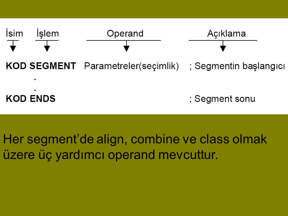 Her segment’de align, combine ve class olmak üzere üç yardımcı operand mevcuttur.