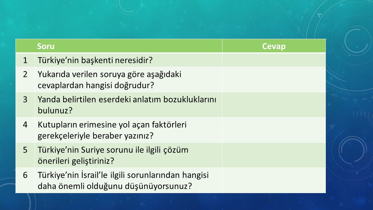 Soru Cevap. 1. Türkiye’nin başkenti neresidir 2. Yukarıda verilen soruya göre aşağıdaki cevaplardan hangisi doğrudur