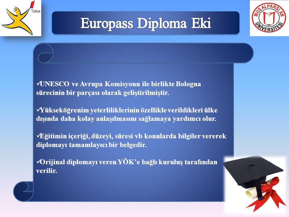 Europass Diploma Eki UNESCO ve Avrupa Komisyonu ile birlikte Bologna sürecinin bir parçası olarak geliştirilmiştir.