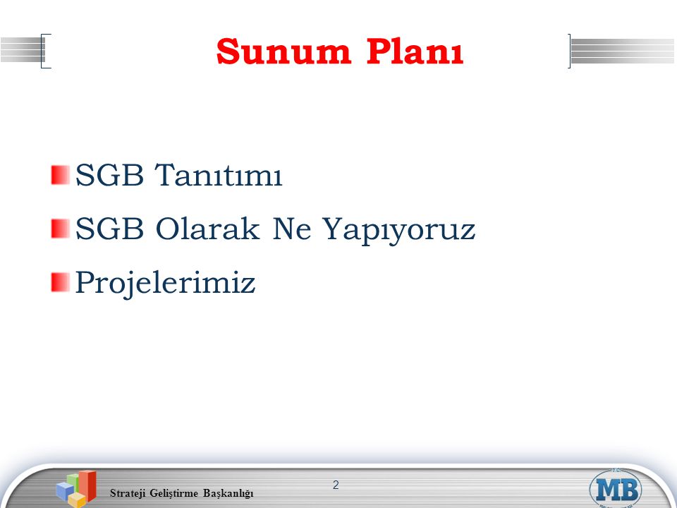 Sunum Planı SGB Tanıtımı SGB Olarak Ne Yapıyoruz Projelerimiz