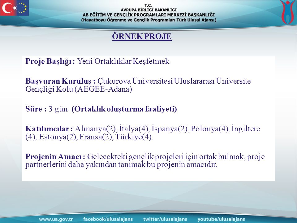 ÖRNEK PROJE Proje Başlığı : Yeni Ortaklıklar Keşfetmek. Başvuran Kuruluş : Çukurova Üniversitesi Uluslararası Üniversite Gençliği Kolu (AEGEE-Adana)