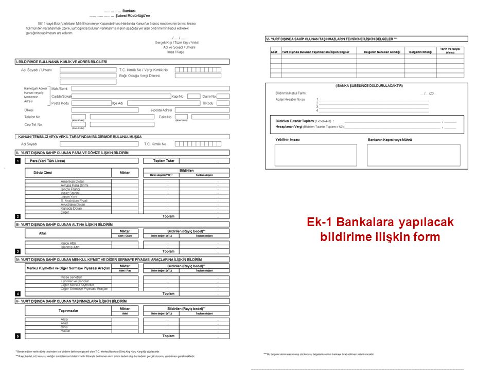 Ek-1 Bankalara yapılacak bildirime ilişkin form
