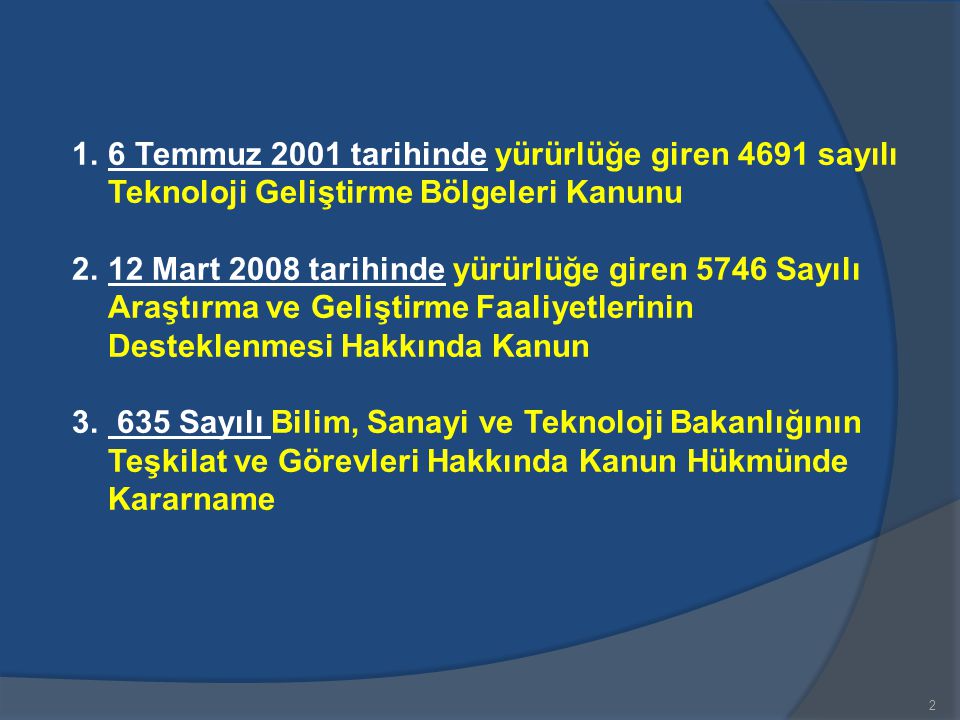 6 Temmuz 2001 tarihinde yürürlüğe giren 4691 sayılı Teknoloji Geliştirme Bölgeleri Kanunu