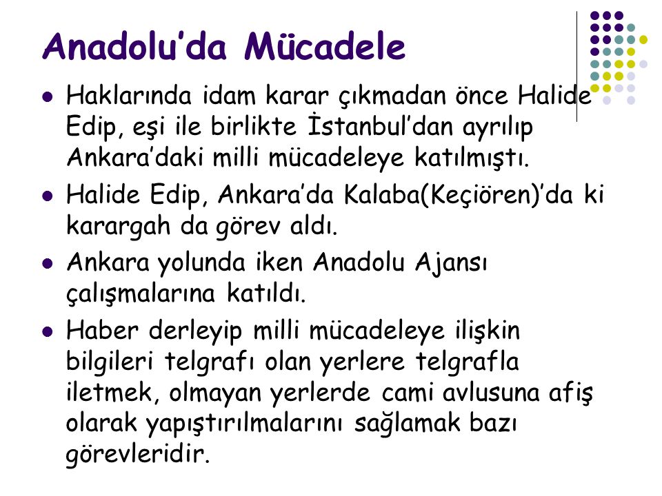Anadolu’da Mücadele Haklarında idam karar çıkmadan önce Halide Edip, eşi ile birlikte İstanbul’dan ayrılıp Ankara’daki milli mücadeleye katılmıştı.