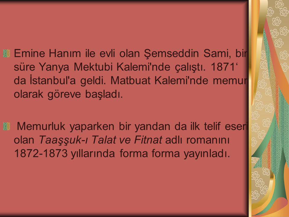 Emine Hanım ile evli olan Şemseddin Sami, bir süre Yanya Mektubi Kalemi nde çalıştı. 1871‘ da İstanbul a geldi. Matbuat Kalemi nde memur olarak göreve başladı.