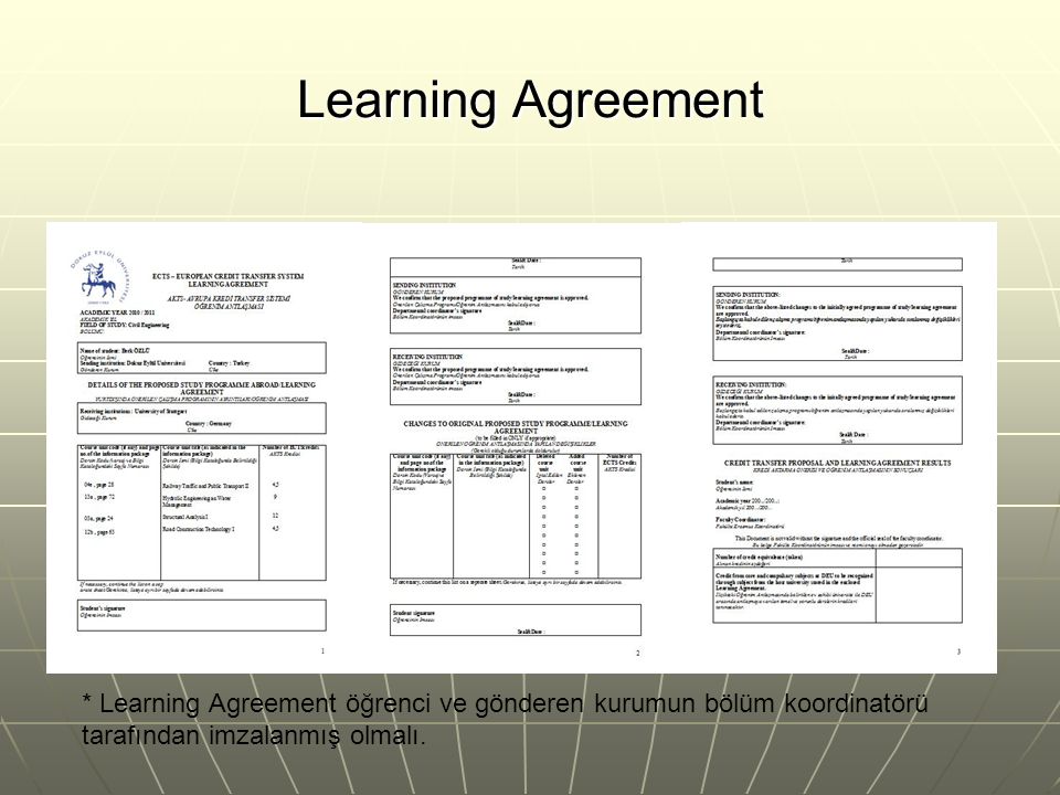 Learning Agreement * Learning Agreement öğrenci ve gönderen kurumun bölüm koordinatörü tarafından imzalanmış olmalı.