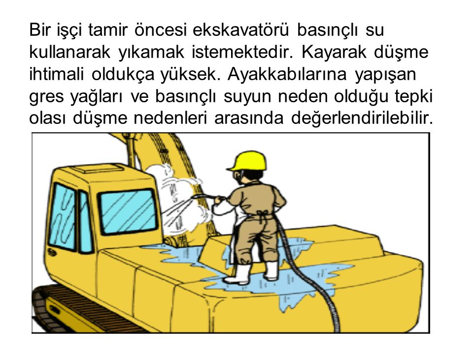 Bir işçi tamir öncesi ekskavatörü basınçlı su kullanarak yıkamak istemektedir.