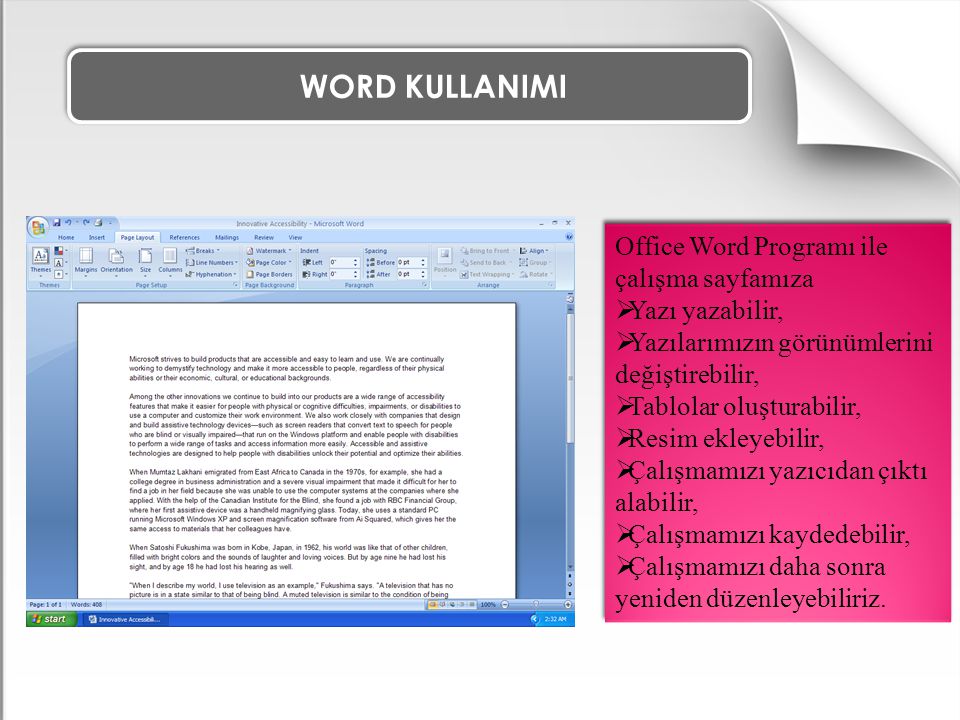 WORD KULLANIMI Office Word Programı ile çalışma sayfamıza